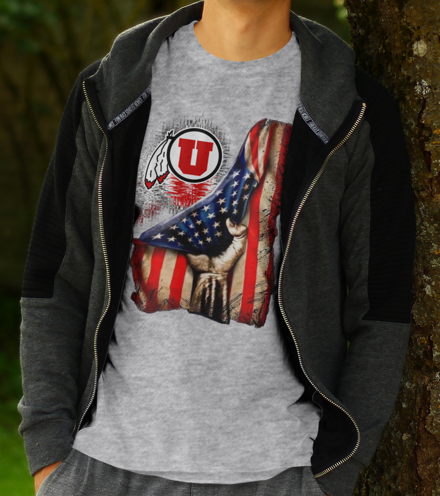 Utah Utes American Flag Background And Hand T-Shirt