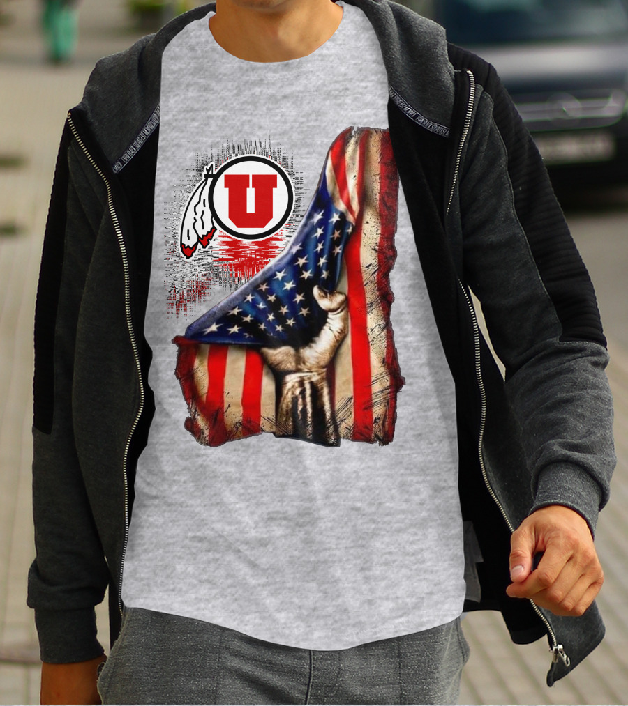 Utah Utes American Flag Background And Hand T-Shirt