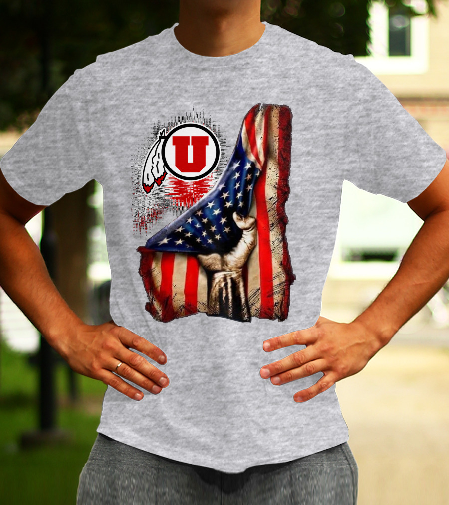 Utah Utes American Flag Background And Hand T-Shirt