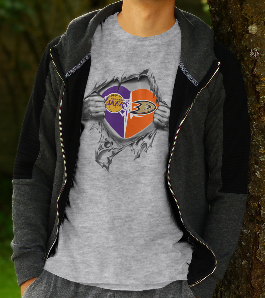 Los Angeles Lakers Anaheim Ducks Heart Torn Metal T-Shirt