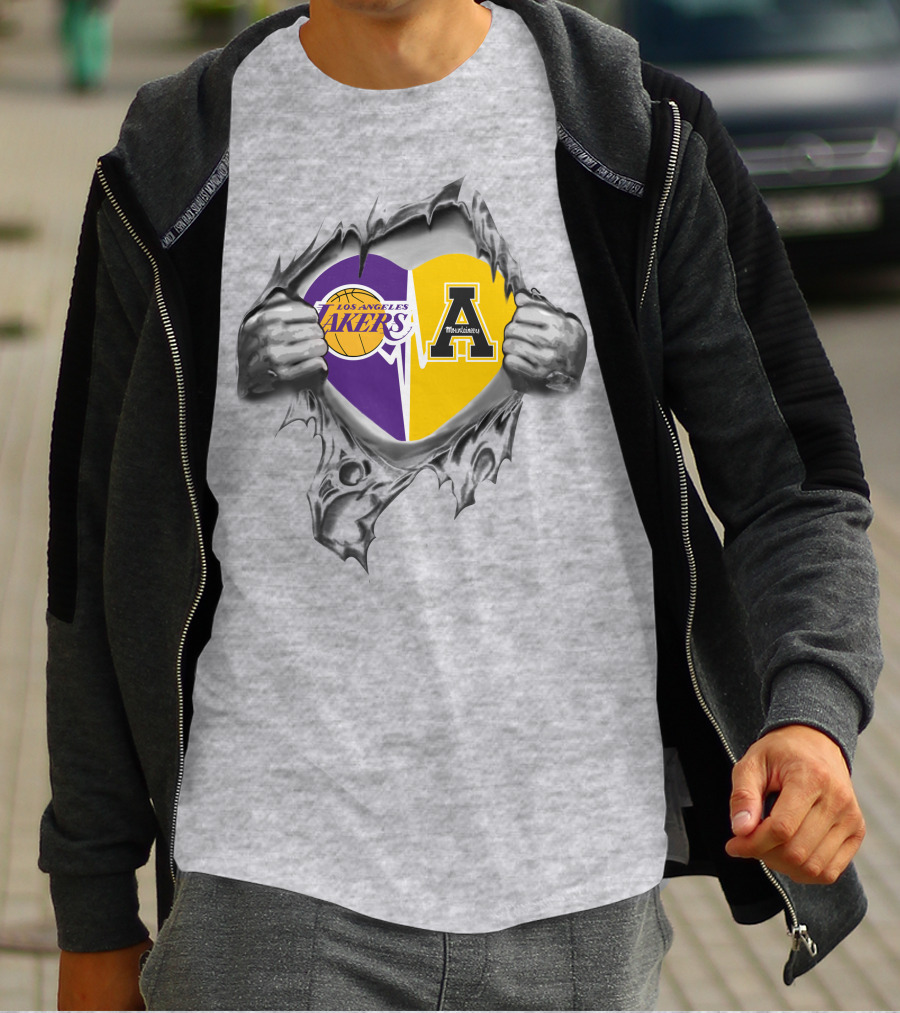 Los Angeles Lakers Appalachian State Mountaineers Heart Logo Tribute T-Shirt