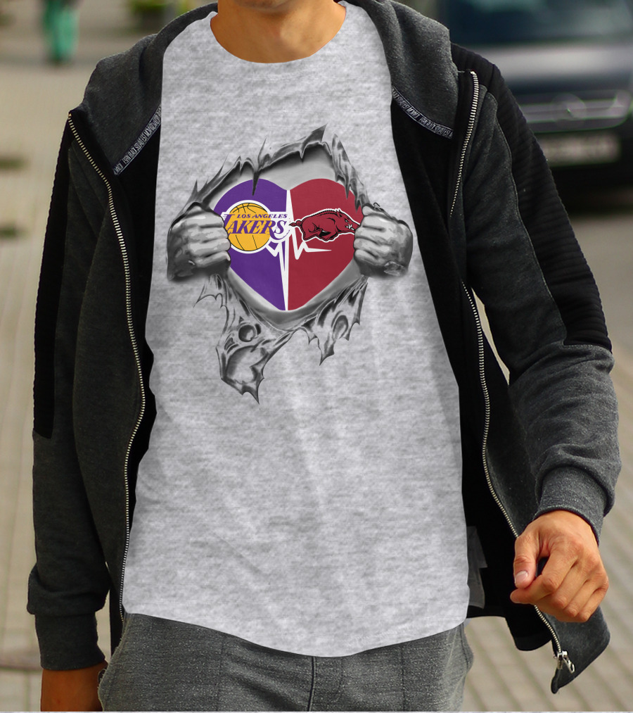 Los Angeles Lakers Arkansas Razorbacks Heartbeat Passion Fusion T-Shirt