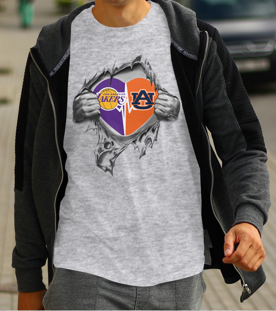 Los Angeles Lakers Auburn Tigers Heart Split Loyalty T-Shirt
