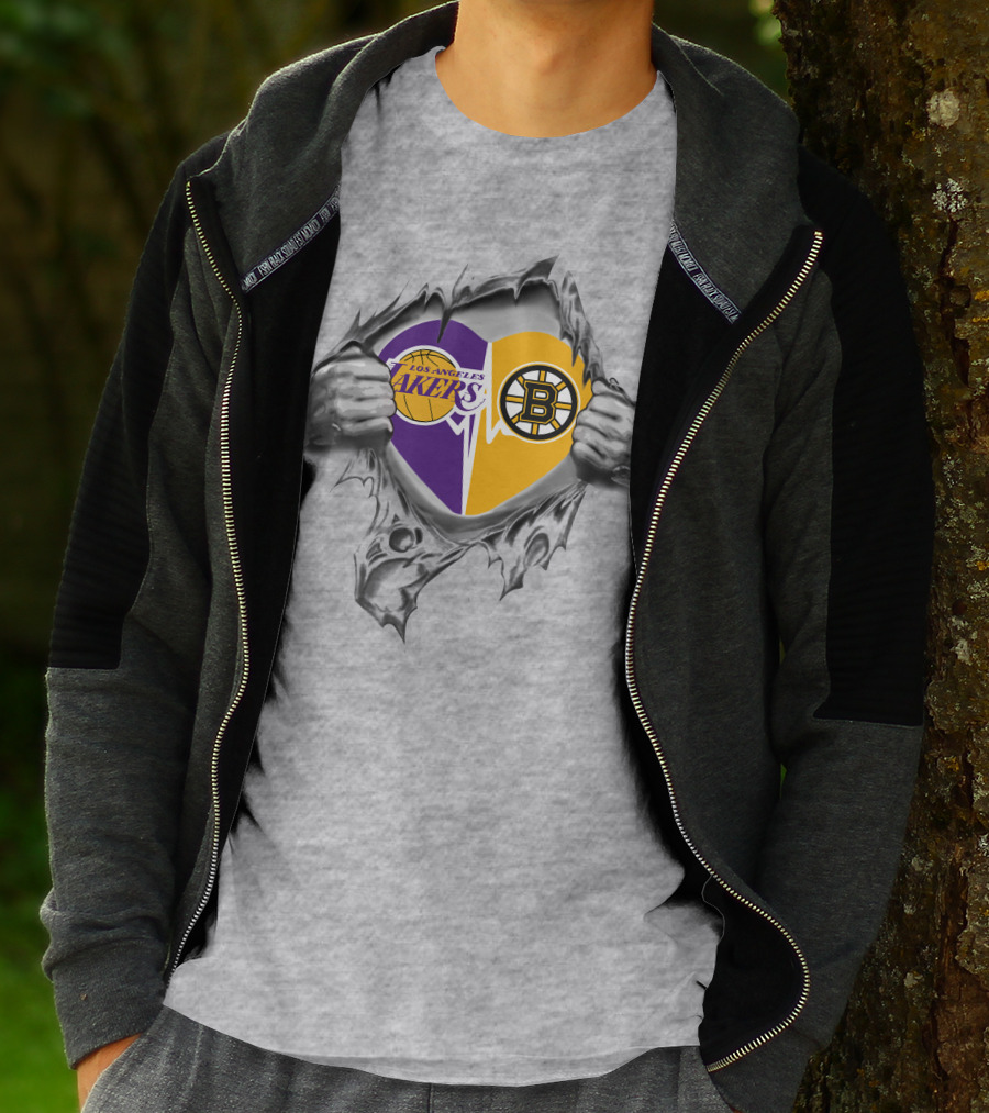 Lakers Boston Bruins Heart With Logos And Torn Ripping Effect T-Shirt