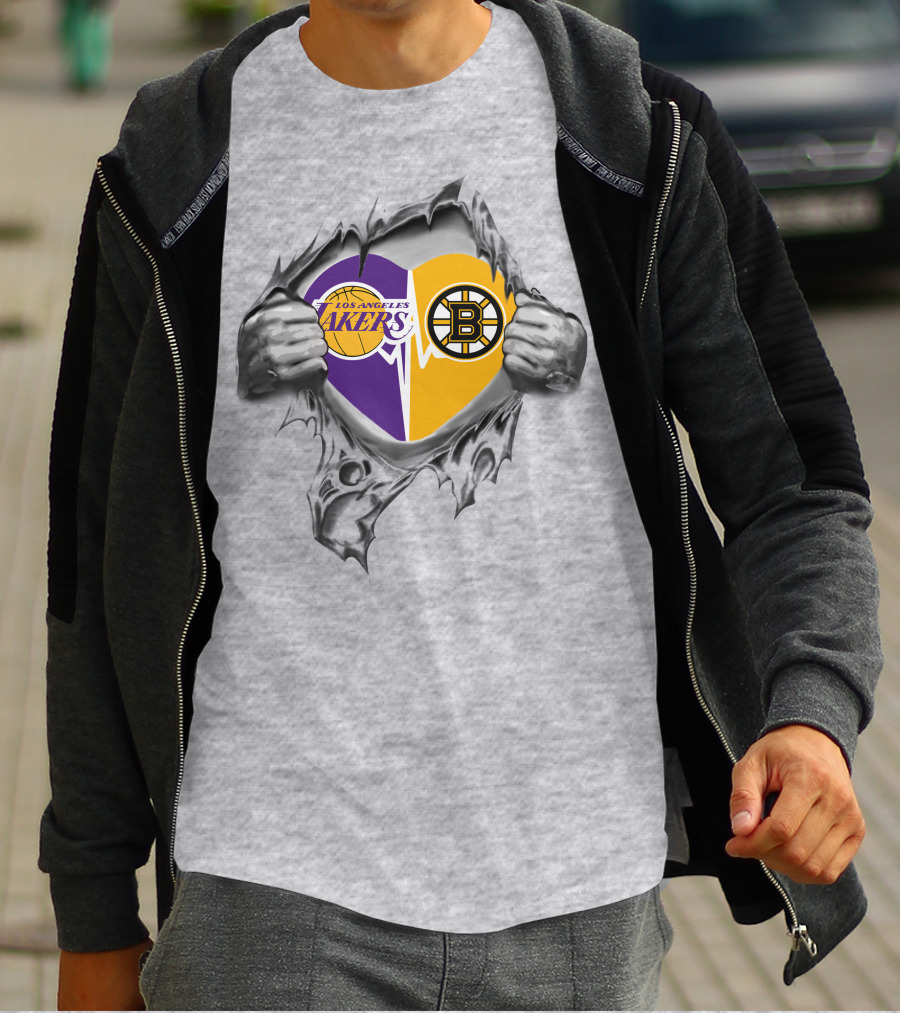 Lakers Boston Bruins Heart With Logos And Torn Ripping Effect T-Shirt