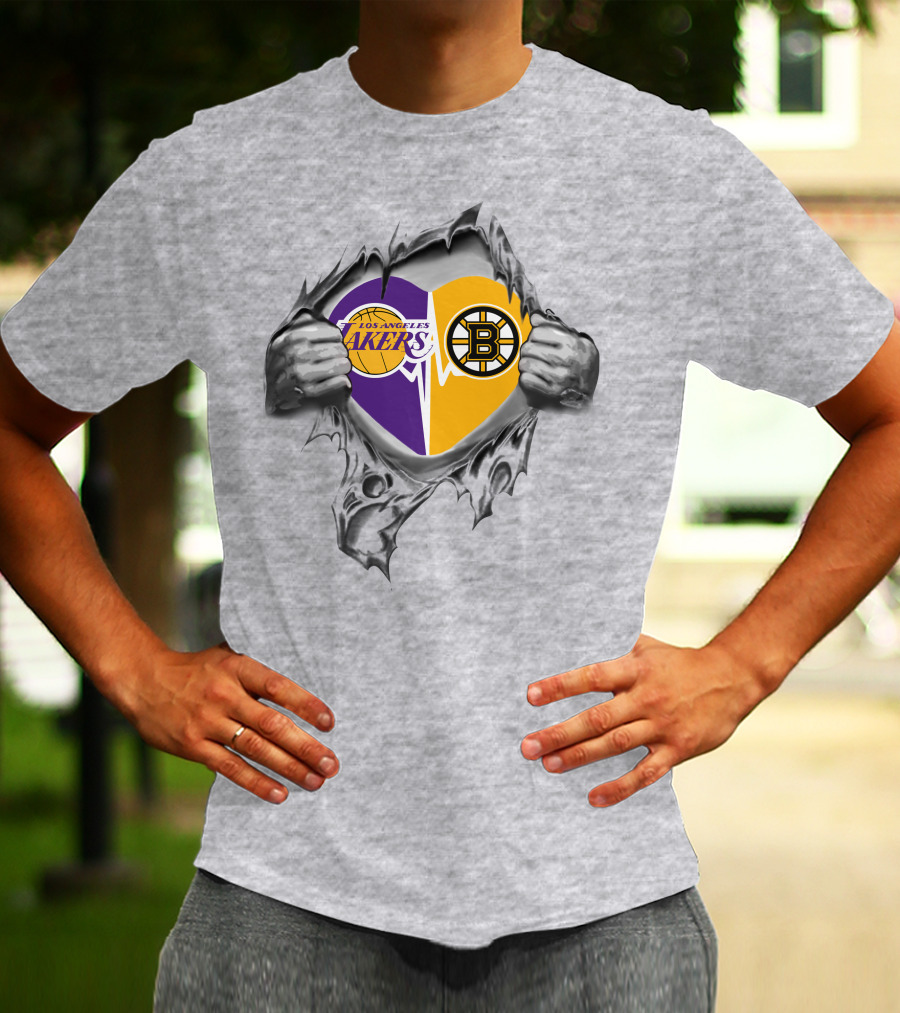 Lakers Boston Bruins Heart With Logos And Torn Ripping Effect T-Shirt