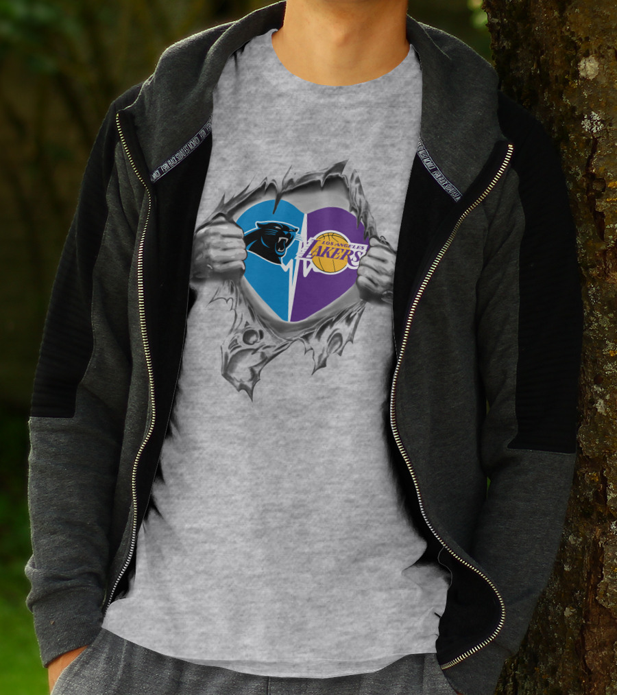 Lakers Carolina Panthers Heart Tear Logo Combo T-Shirt