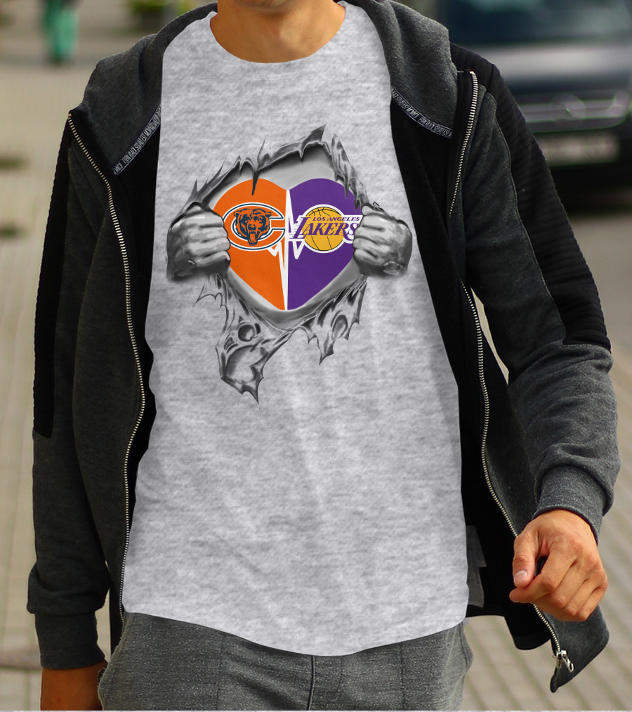 Chicago Bears Los Angeles Lakers Heart Symbol With Tearing Hands T-Shirt