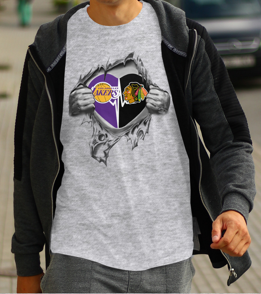 Los Angeles Lakers Chicago Blackhawks Heart Logo Fusion T-Shirt