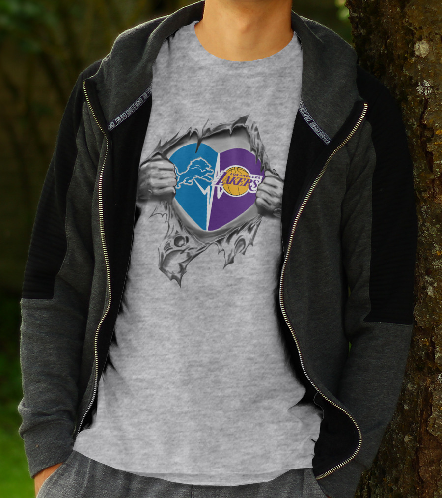Los Angeles Lakers Detroit Lions Heart Symbol With Torn Metal Effect T-Shirt