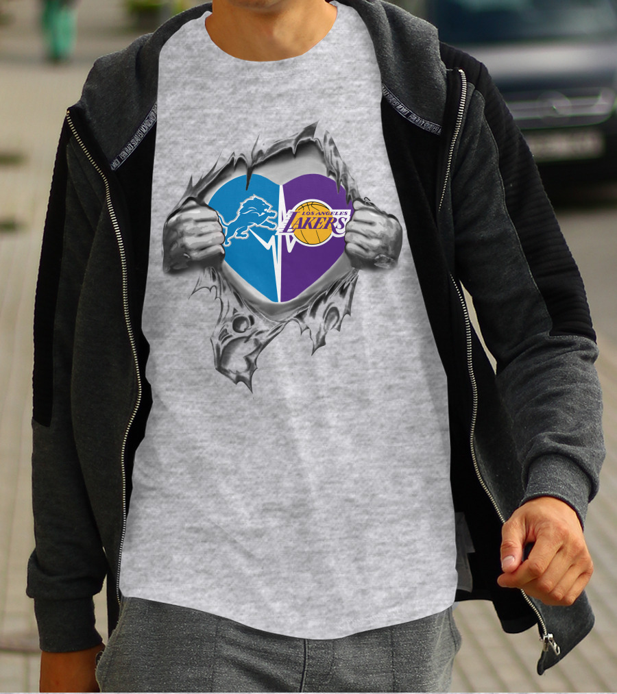 Los Angeles Lakers Detroit Lions Heart Symbol With Torn Metal Effect T-Shirt
