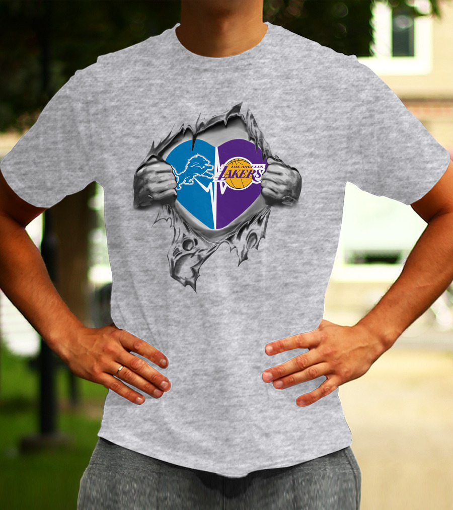Los Angeles Lakers Detroit Lions Heart Symbol With Torn Metal Effect T-Shirt