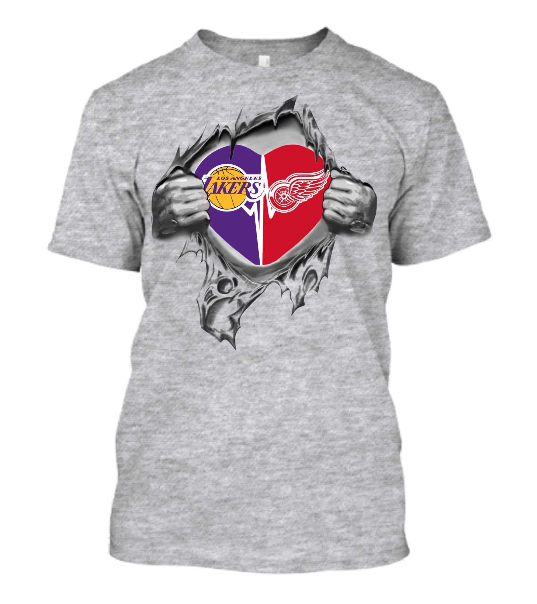Los Angeles Lakers Detroit Red Wings Heart Inside Torn Chest T-Shirt