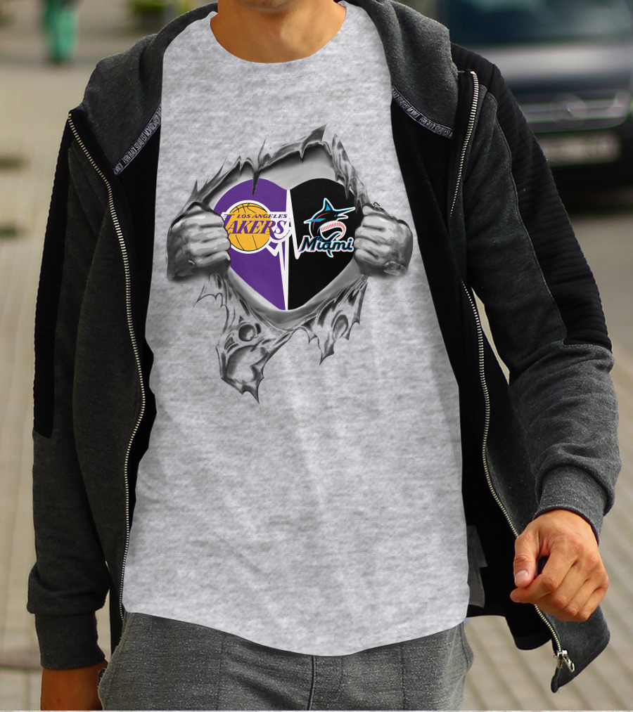 Los Angeles Lakers Miami Marlins Heart T-Shirt