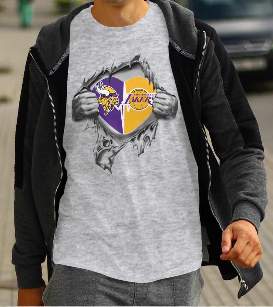Lakers Minnesota Vikings Heart Logo Ripped Metal T-Shirt