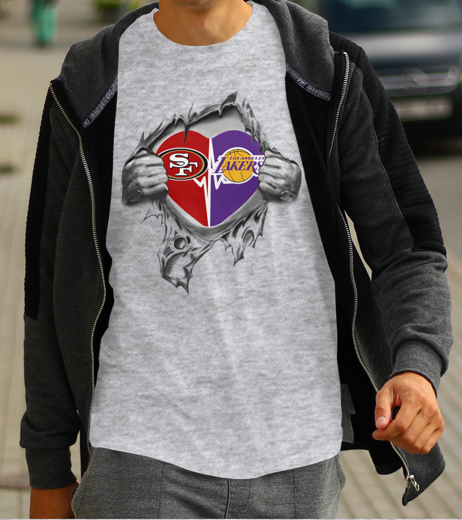 Lakers San Francisco 49ers Heart Logos Burst T-Shirt