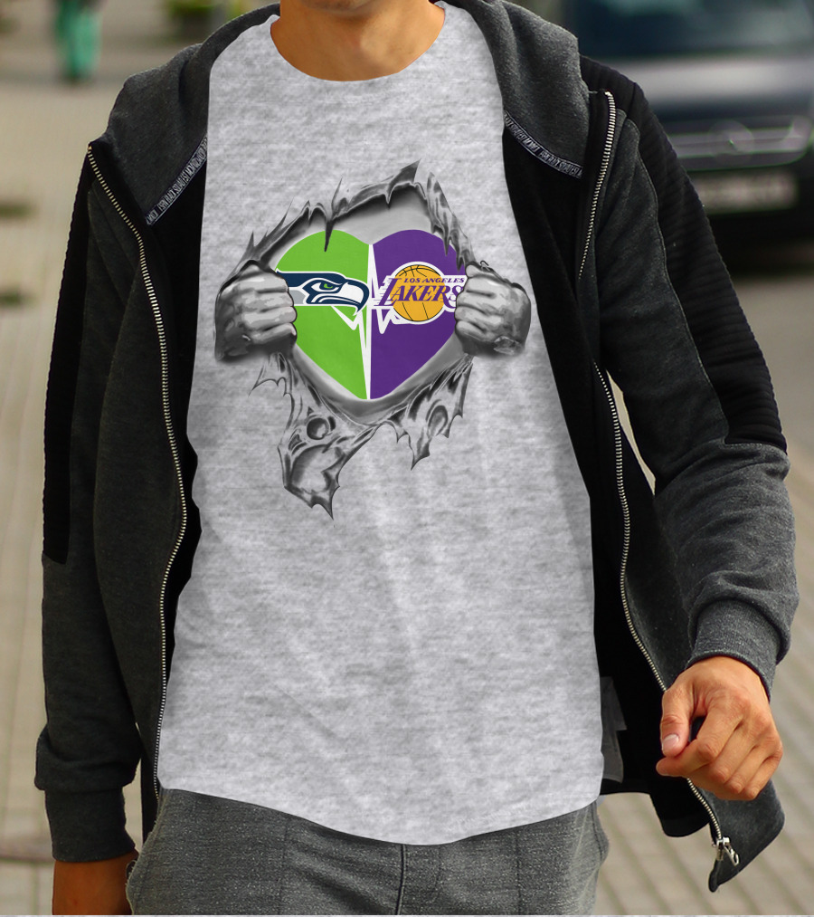 Lakers Seattle Seahawks Heart Design With Logos T-Shirt