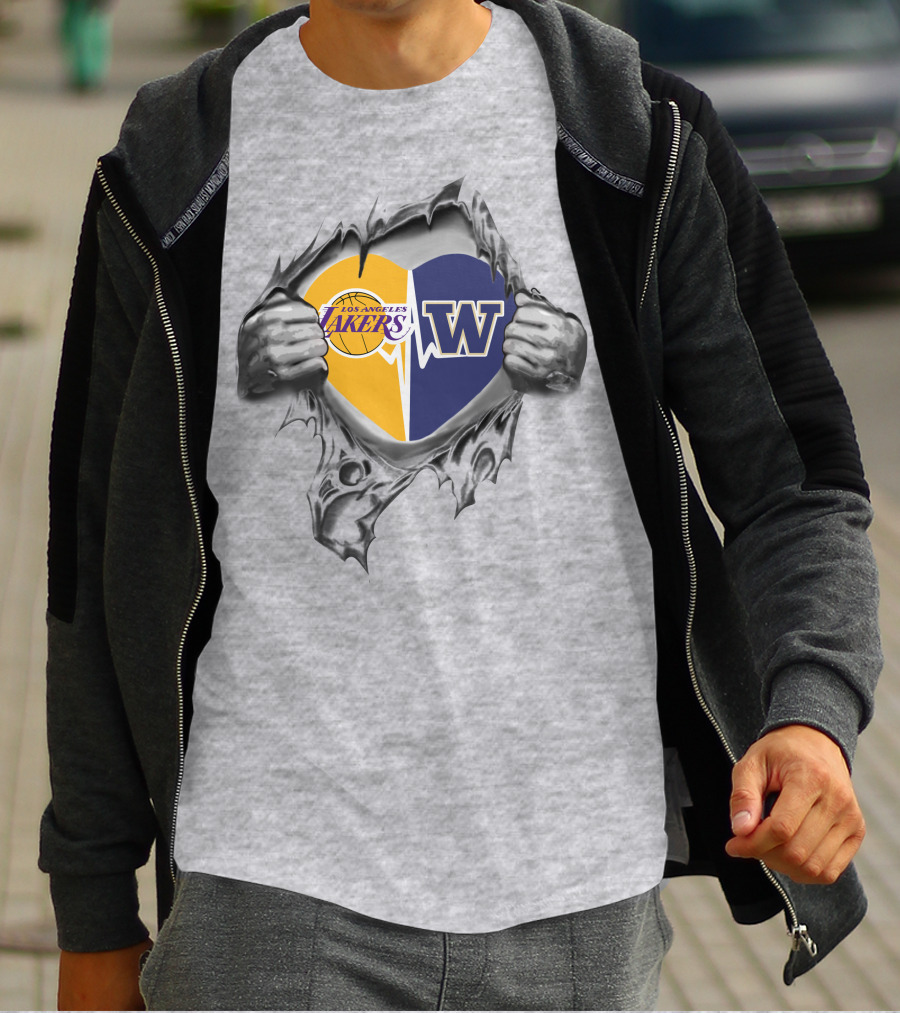 Lakers Washington Huskies Heart Design With Los Angeles Lakers Logo And Washington Huskies W T-Shirt