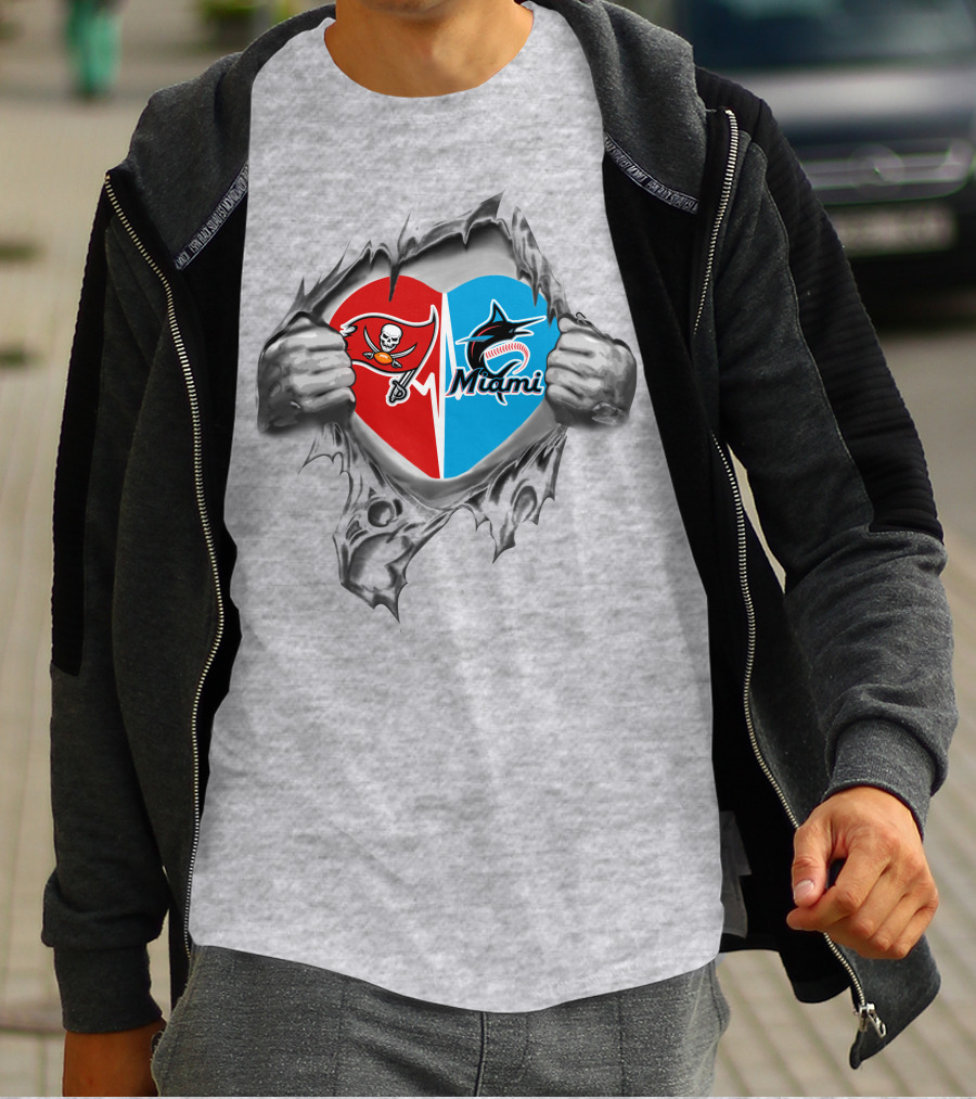 Ripped Heart Featuring Buccaneers And Marlins Logos T-Shirt