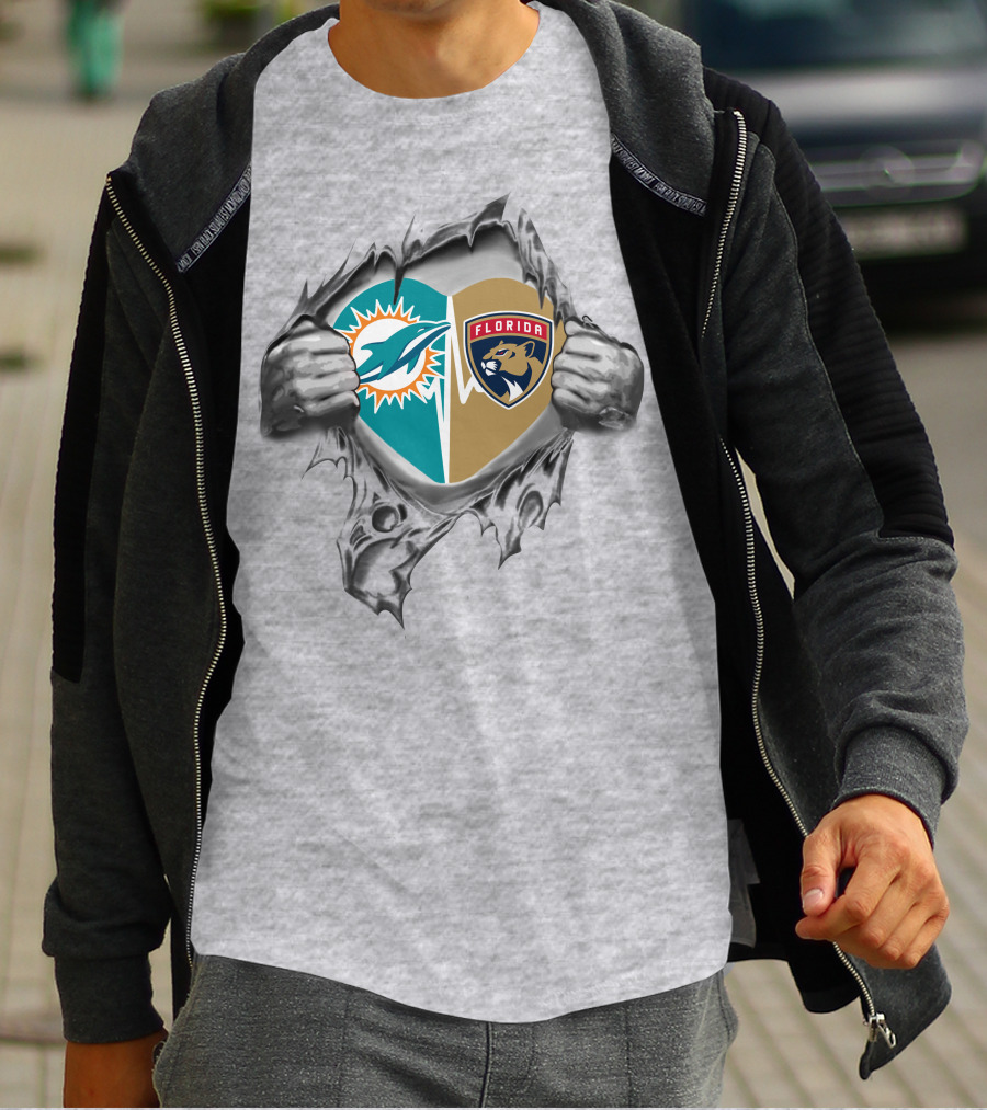 Miami Dolphins Florida Panthers Heart Design 27 Fan Tribute T-Shirt