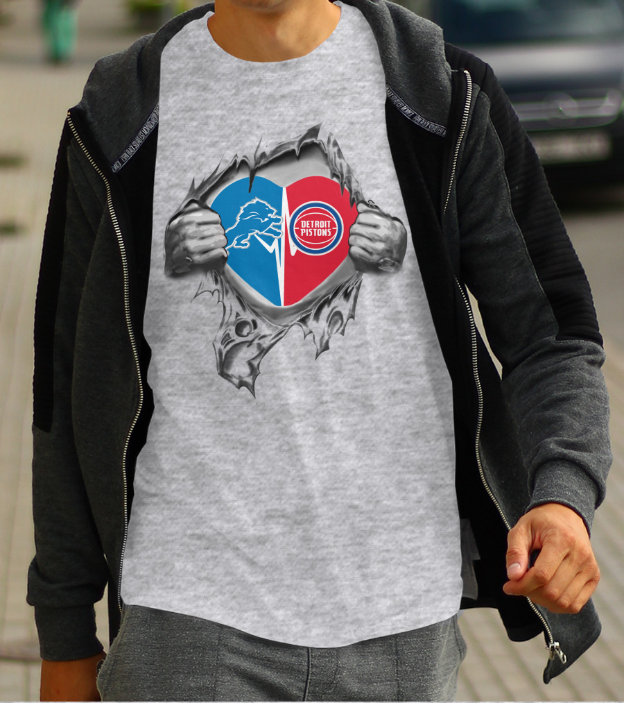 Detroit Lions And Detroit Pistons Heart Design With Hands Tearing Open T-Shirt