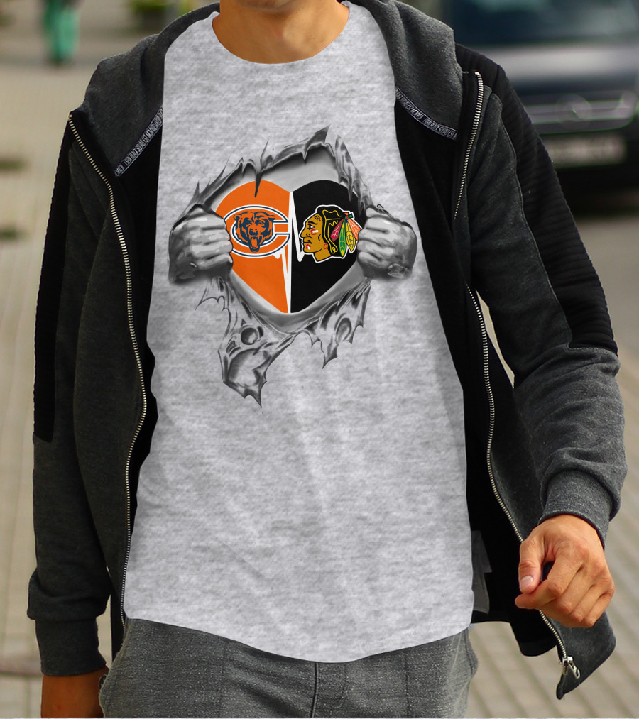 Bears Chicago Blackhawks It's In My Heart Dual Logos Inside Torn Grayscale Hands T-Shirt
