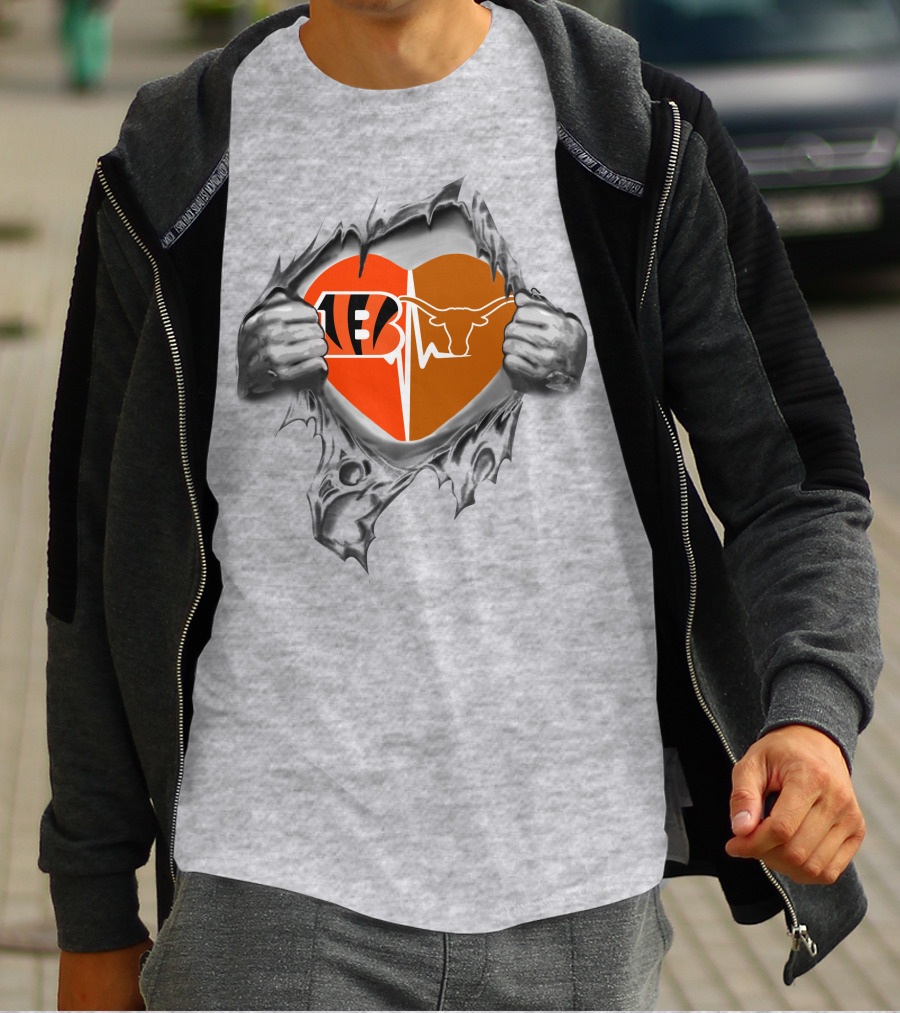 Bengals Texas Longhorns Heart Design With Logo Elements And Symbolic T-Shirt