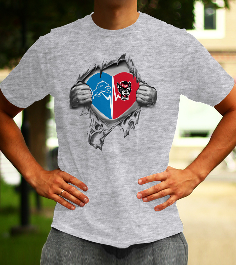 Detroit Lions Nc State Wolfpack Heartbeat Connection T-Shirt