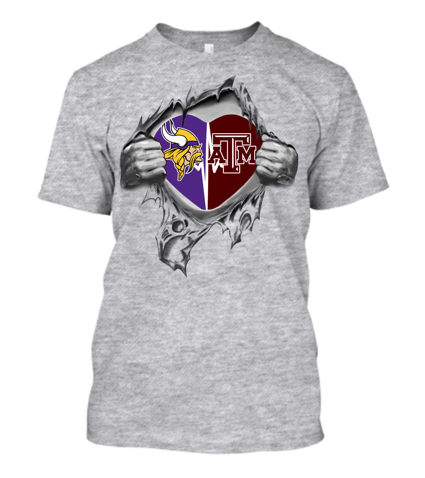 Vikings Texas A&M Aggies Heart With Logos Hidden Inside Ripped T-Shirt