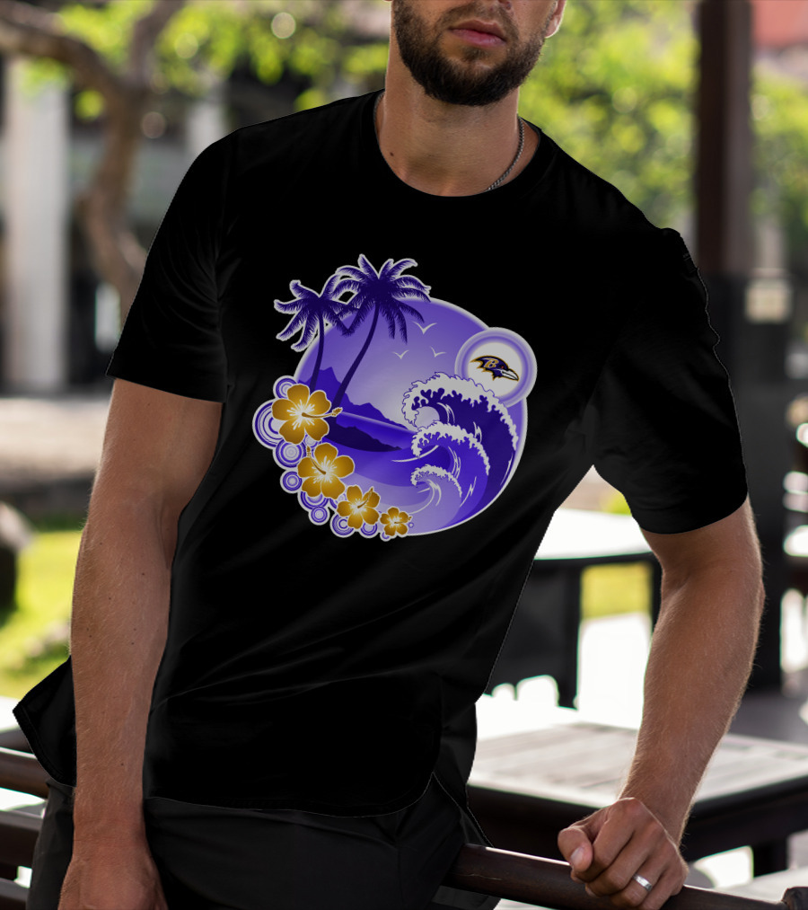 Baltimore Ravens Happy Holidays Tropical Paradise With Wave And Flowers T-Shirt