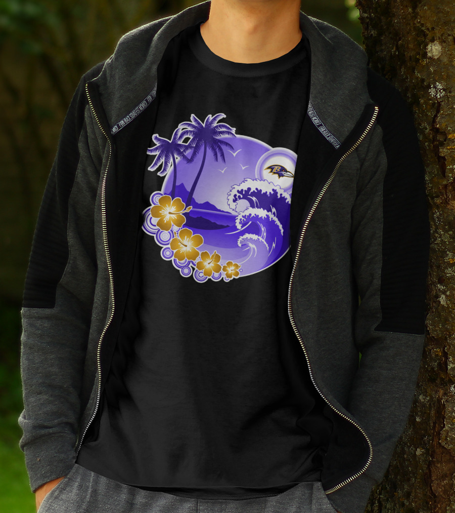 Baltimore Ravens Happy Holidays Tropical Paradise With Wave And Flowers T-Shirt