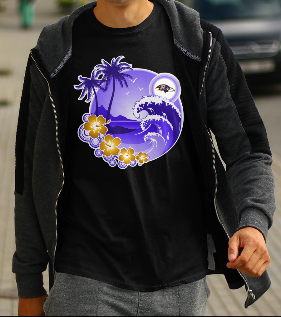 Baltimore Ravens Happy Holidays Tropical Paradise With Wave And Flowers T-Shirt