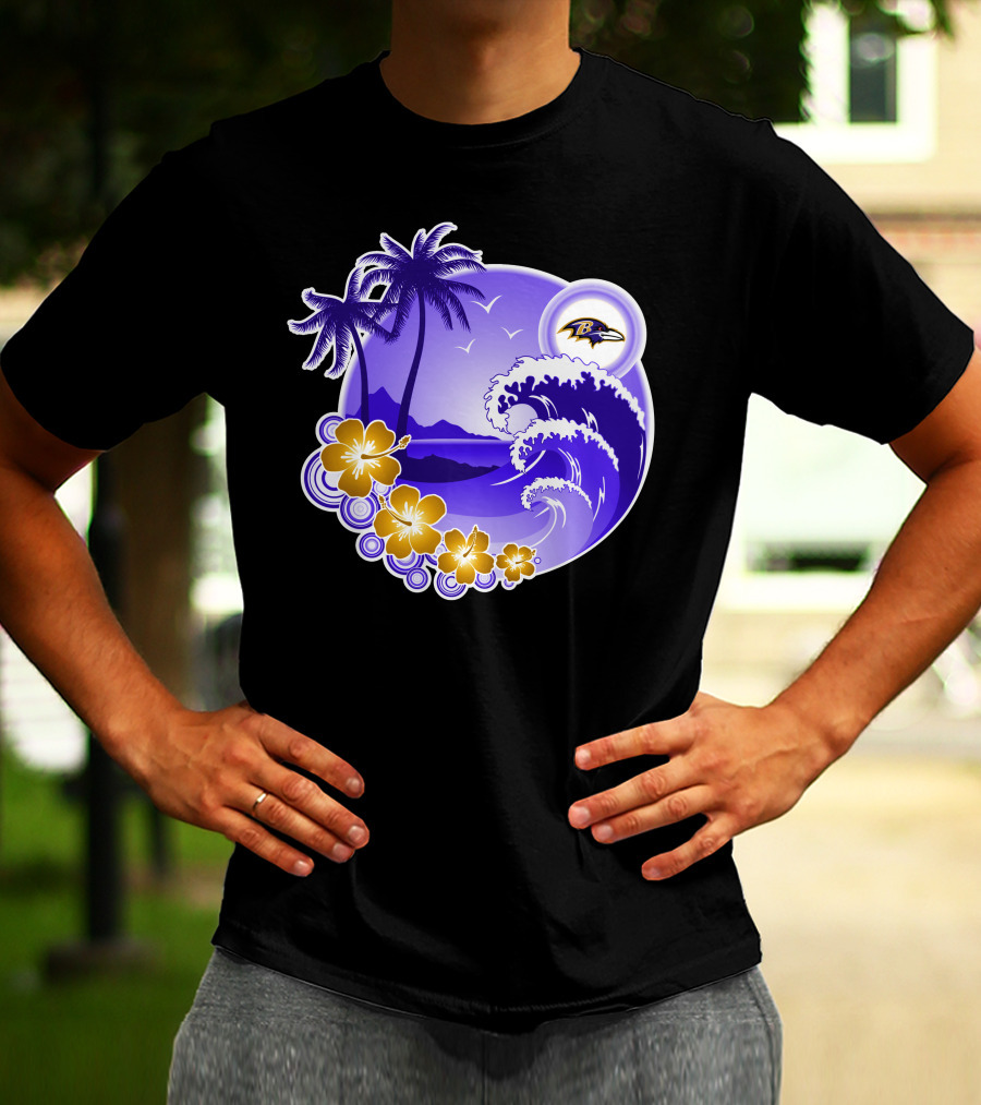 Baltimore Ravens Happy Holidays Tropical Paradise With Wave And Flowers T-Shirt