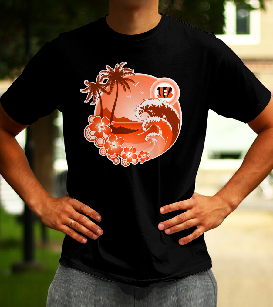 Cincinnati Bengals Holiday Hawaiian Beach Wave And Palm Flowers T-Shirt