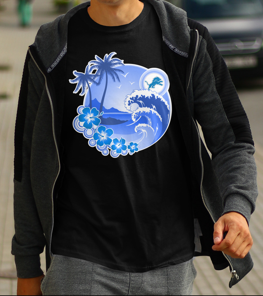 Detroit Lions Happy Holidays Tropical Wave And Palm Trees T-Shirt