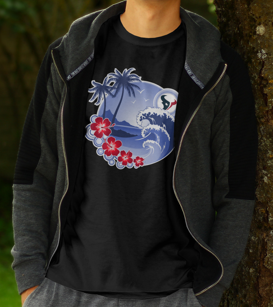 Houston Texans Happy Holidays Tropical Floral Beach Waves T-Shirt