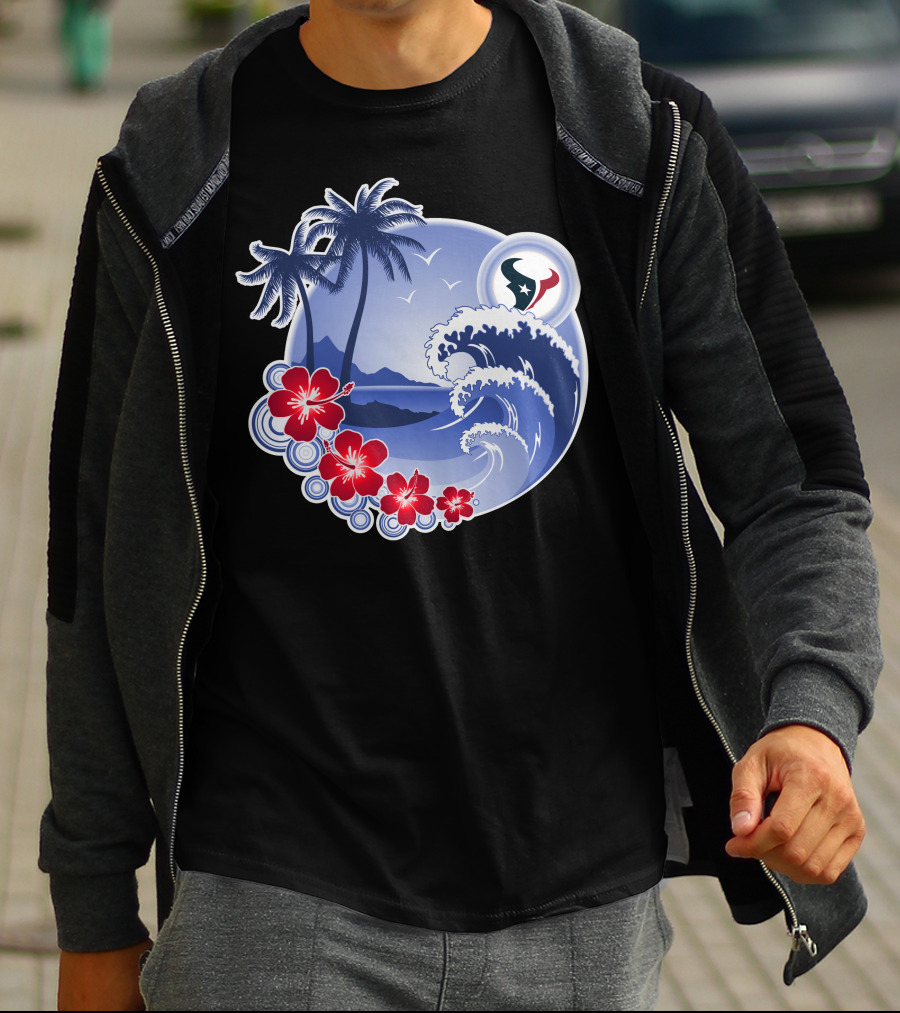 Houston Texans Happy Holidays Tropical Floral Beach Waves T-Shirt