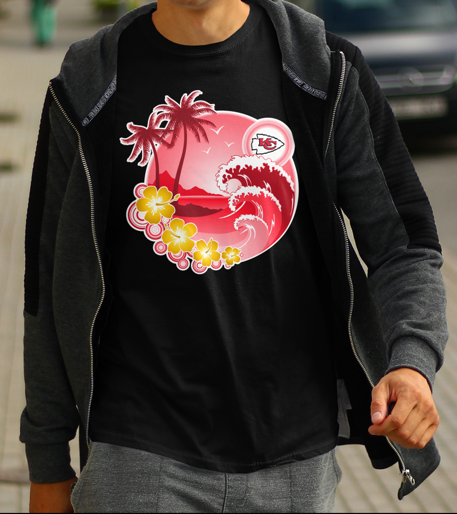 Kansas City Chiefs Happy Holidays Beach Wave Palm Trees Flowers Red T-Shirt