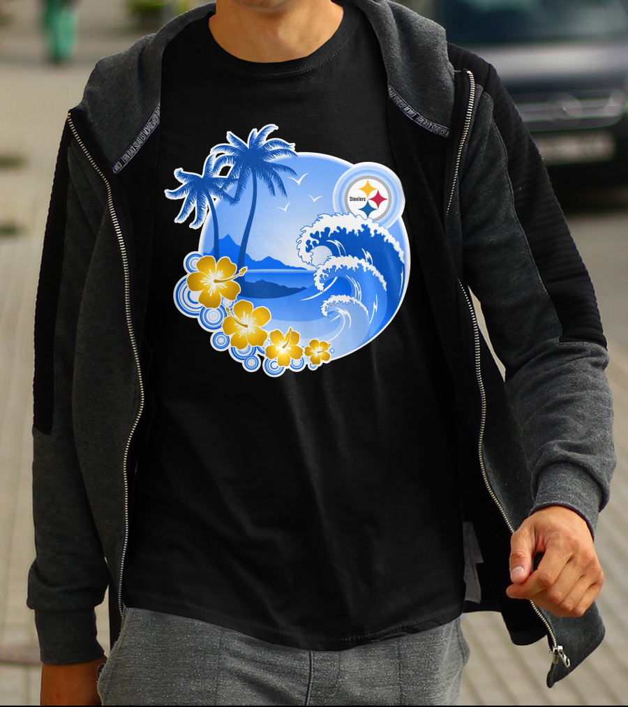 Pittsburgh Steelers Happy Holidays Tropical Waves Palm Trees Flowers T-Shirt