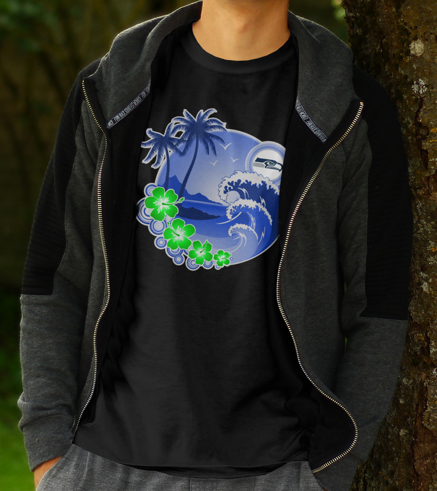 Seattle Seahawks Tropical Beach Happy Holidays Wave And Palm Trees T-Shirt