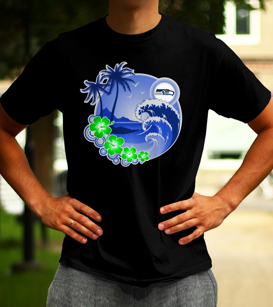 Seattle Seahawks Tropical Beach Happy Holidays Wave And Palm Trees T-Shirt
