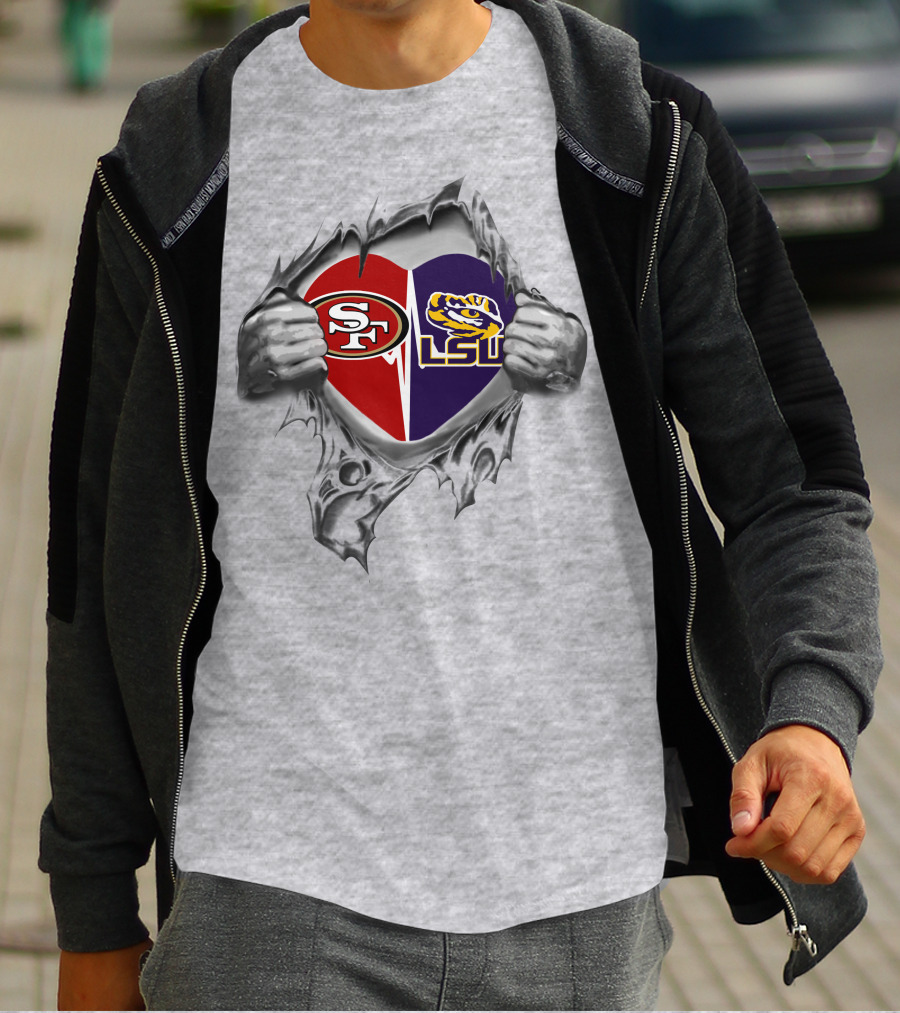 49ers Lsu Tigers Heart Torn Open Logo Fusion T-Shirt