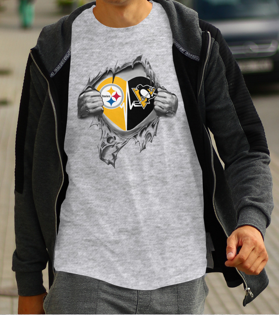 Steelers Penguins Heart With Team Logos And Tearaway Effect T-Shirt