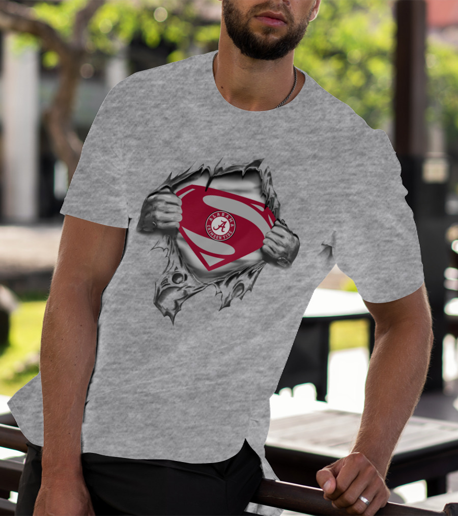 Alabama Crimson Tide Superman Logo With Shield And Torn Steel Effect T-Shirt