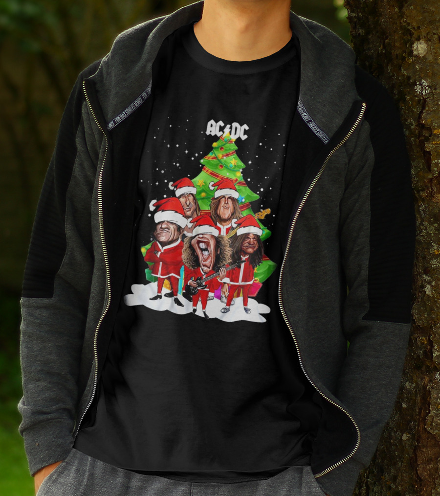 ACDC Christmas Band Santa Hats Cartoon Snow Guitar Christmas Tree T-Shirt
