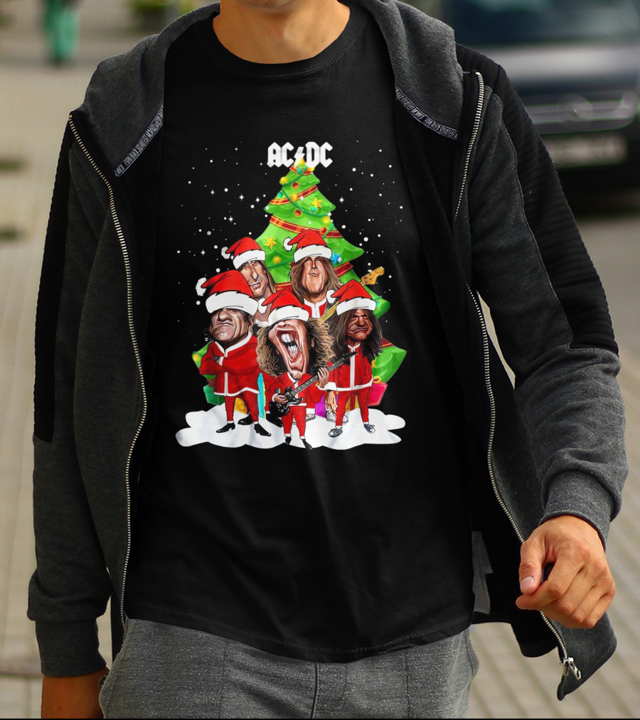 ACDC Christmas Band Santa Hats Cartoon Snow Guitar Christmas Tree T-Shirt