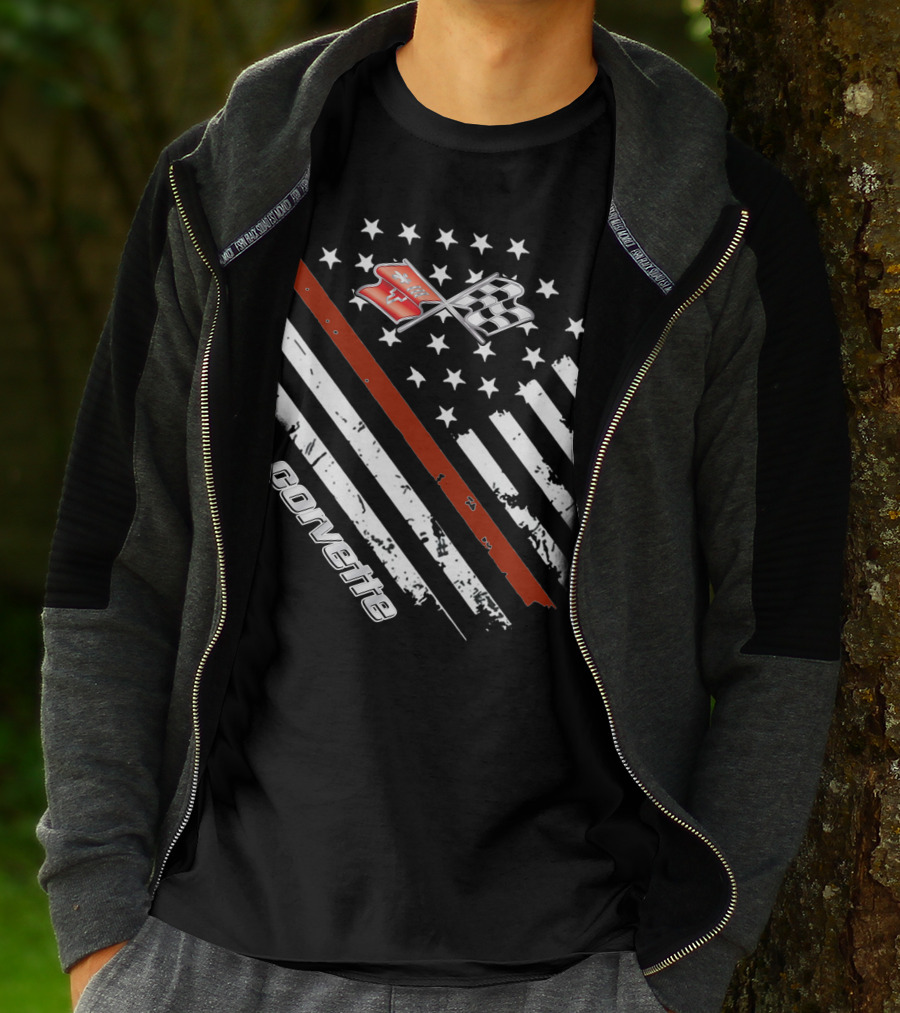 Corvette C3 American Flag Vintage Racing Stripes And Emblems T-Shirt