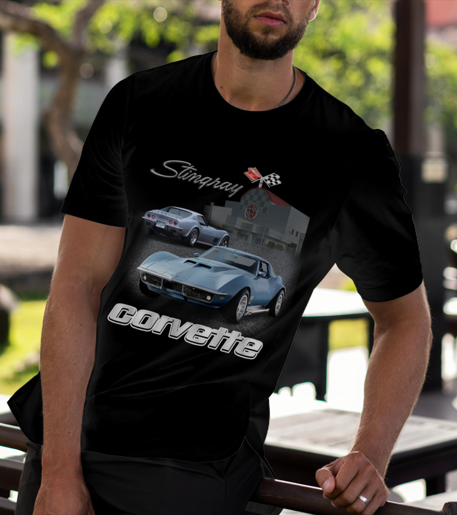 Stingray Corvette Classic C3 At Museum With Racing Flag Emblem T-Shirt