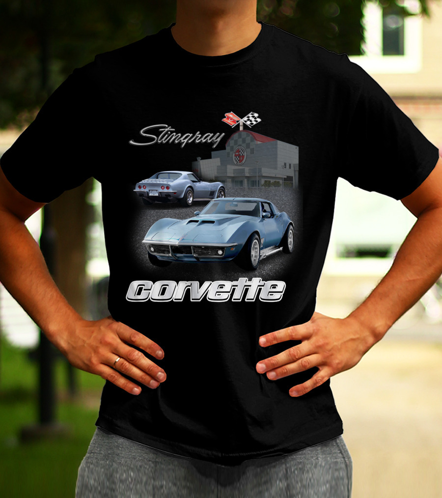 Stingray Corvette Classic C3 At Museum With Racing Flag Emblem T-Shirt