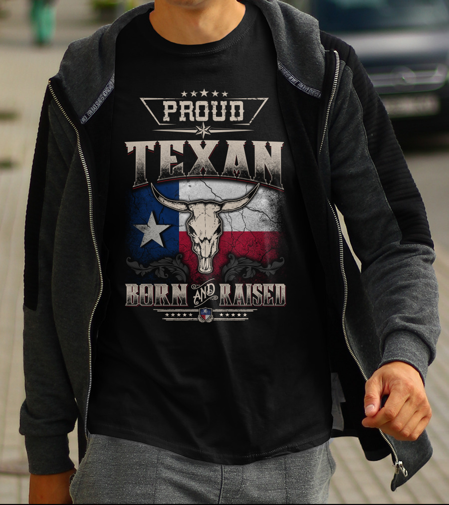 Proud Texan Born And Raised Texas Flag Longhorn Skull T-Shirt